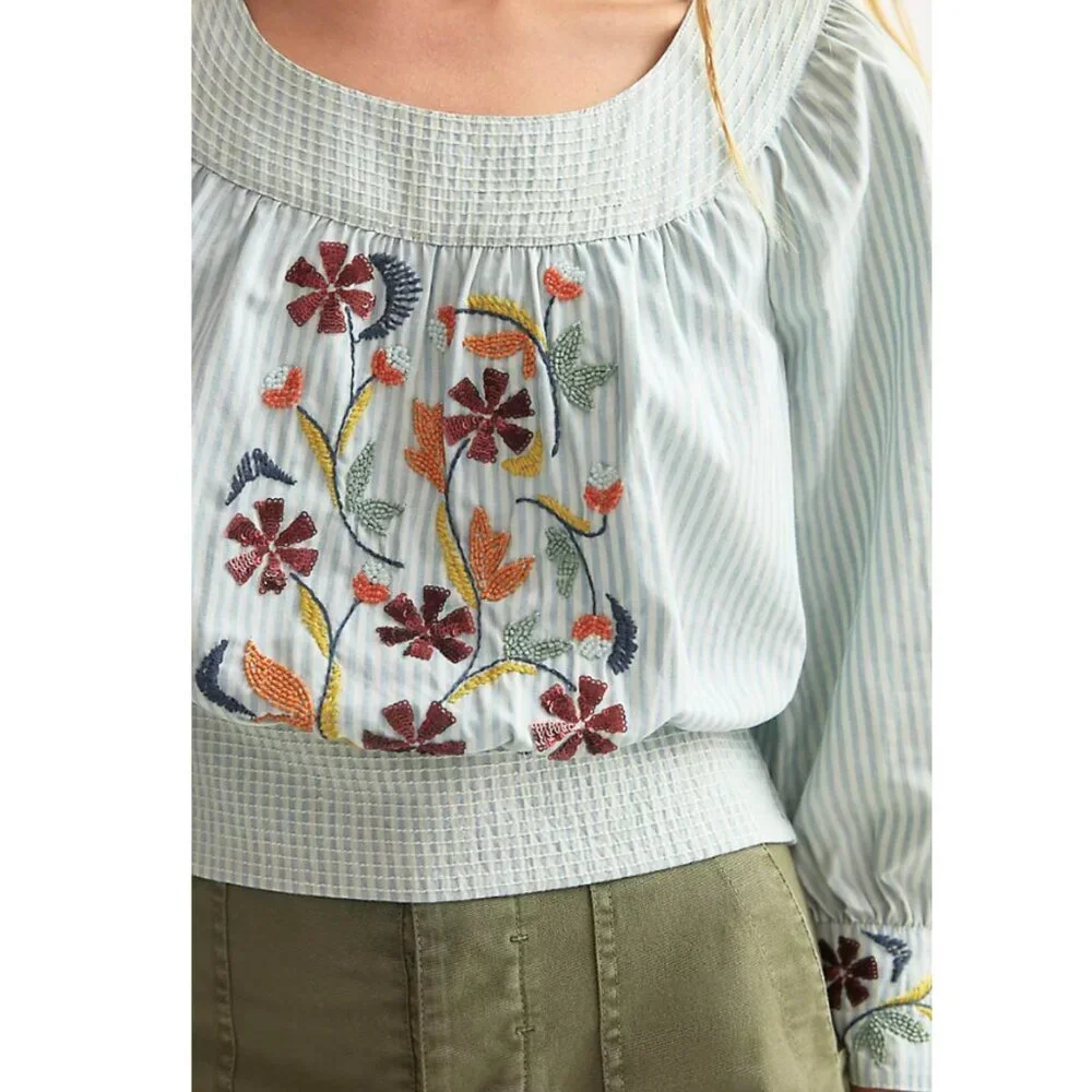 ANTHROPOLOGIE | Beaded Puff-Sleeved Blouse Blue White Small Fairycore Coquette